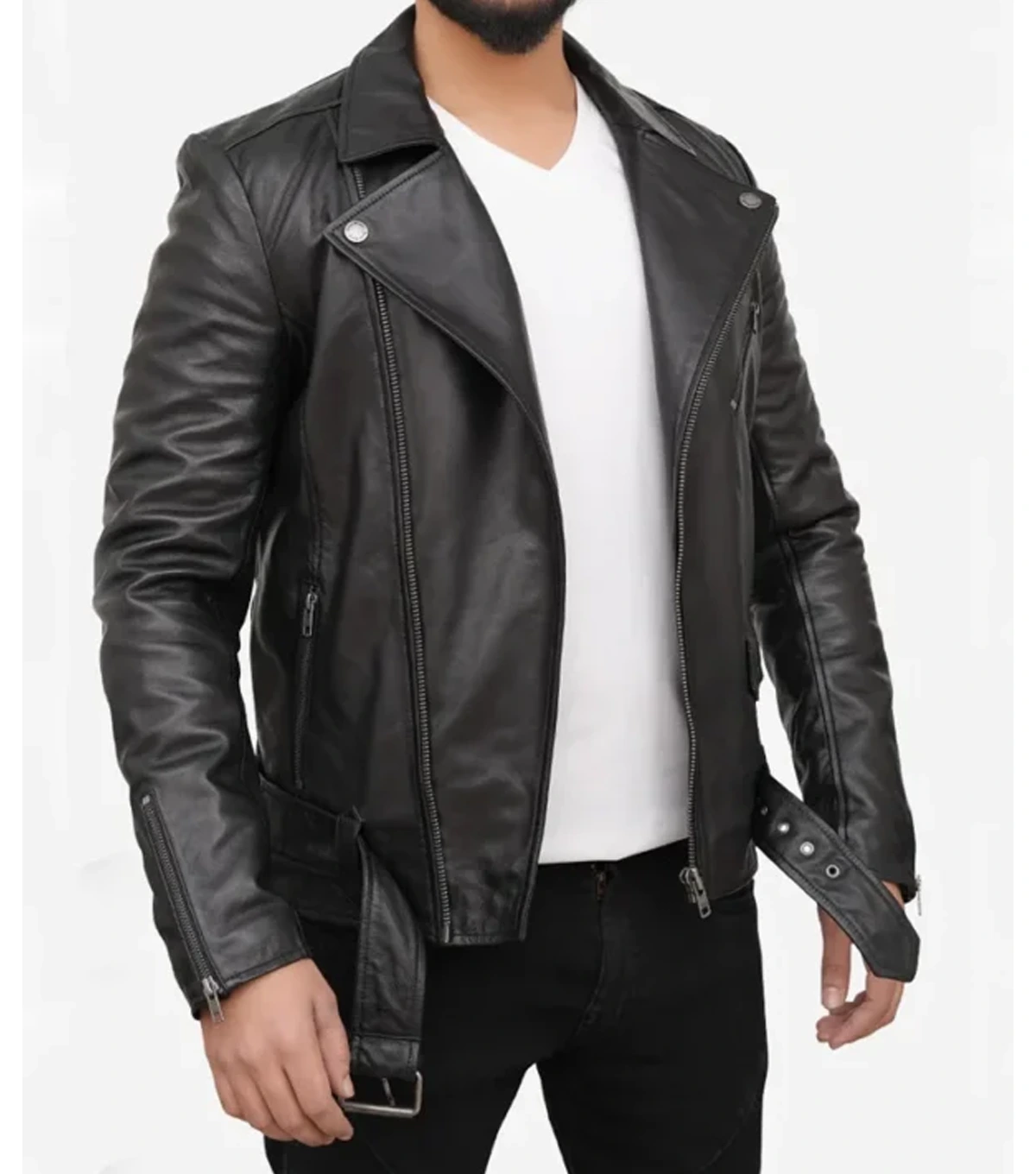 Men's Black Leather Asymmetrical Biker Jacket - Image 3