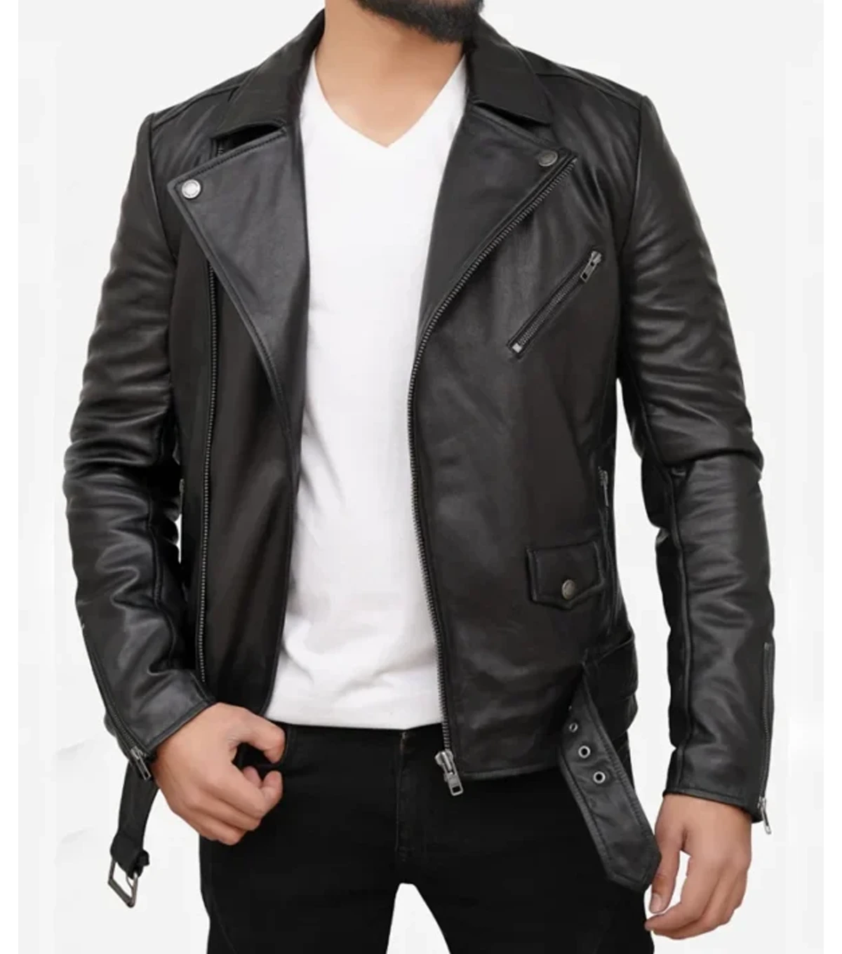 Men's Black Leather Asymmetrical Biker Jacket - Image 2