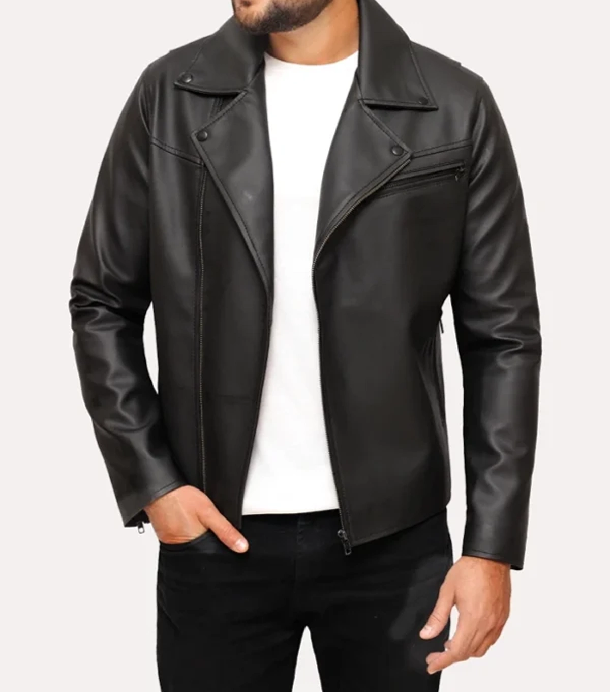Men's Black Leather Moto Jacket - Image 2