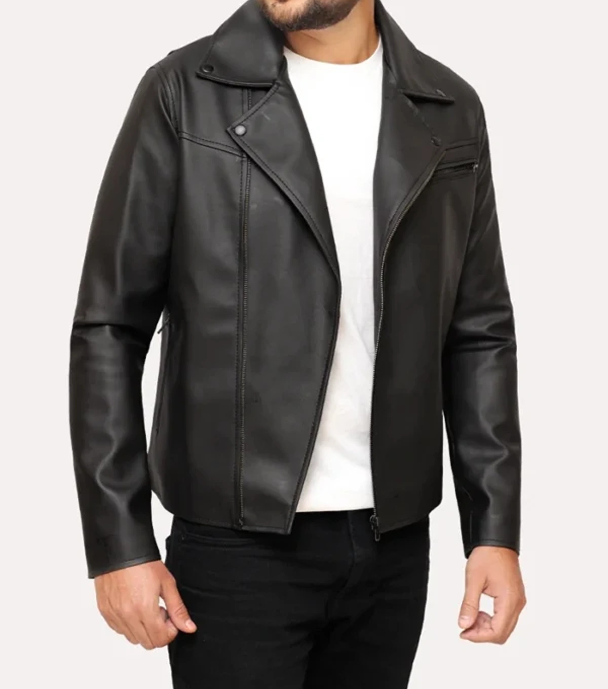 Men's Black Leather Moto Jacket - Image 3