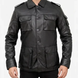 Men's Classic Black Vintage Real Leather Jacket with Button Closure