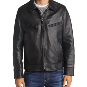 Men's Black Shearling Lined Leather Bomber Jacket
