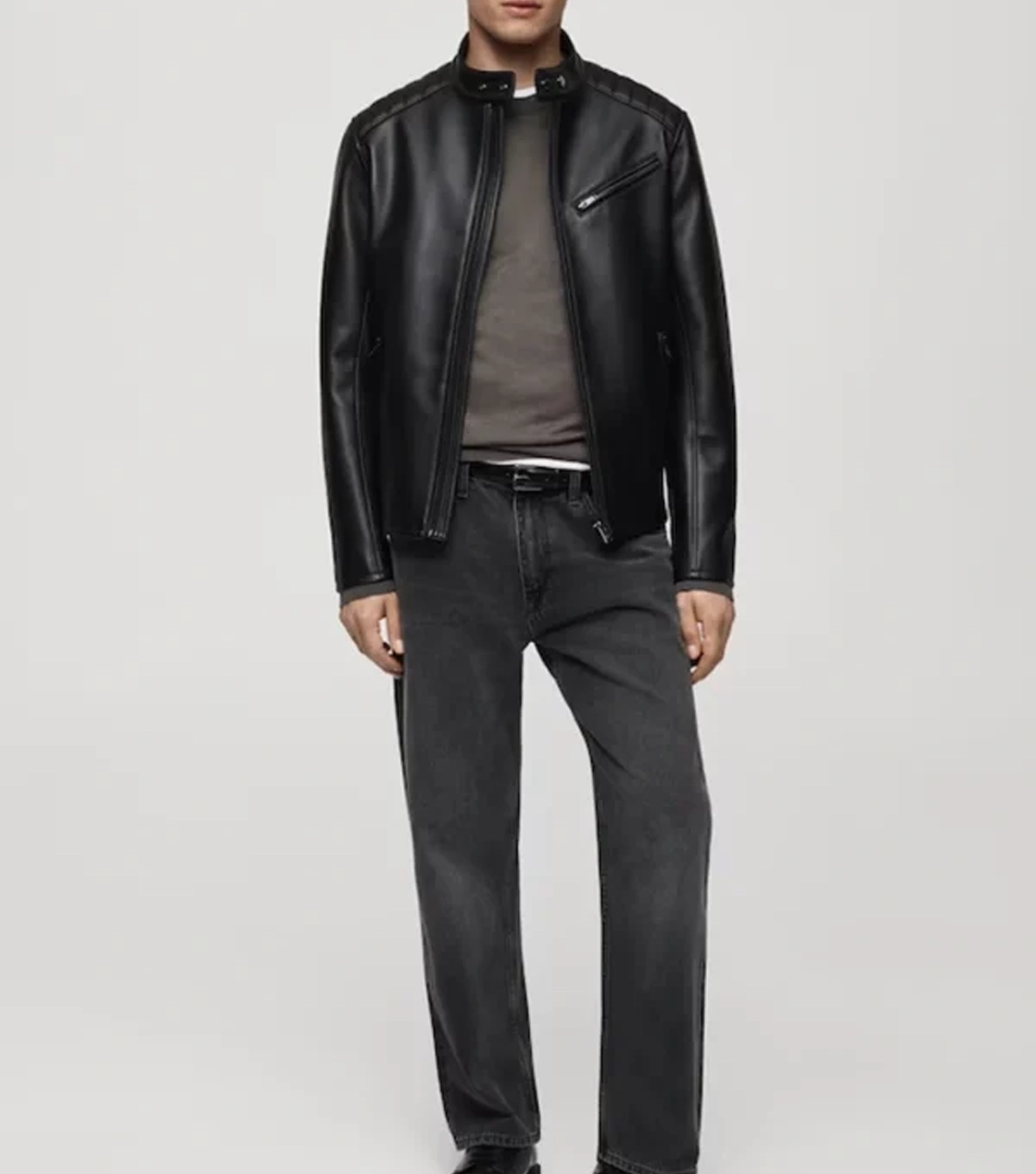 Onyx Black Cafe Racer Real Leather Zip-Up Jacket with Erect Collar - Image 3