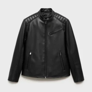 Onyx Black Cafe Racer Real Leather Zip-Up Jacket with Erect Collar