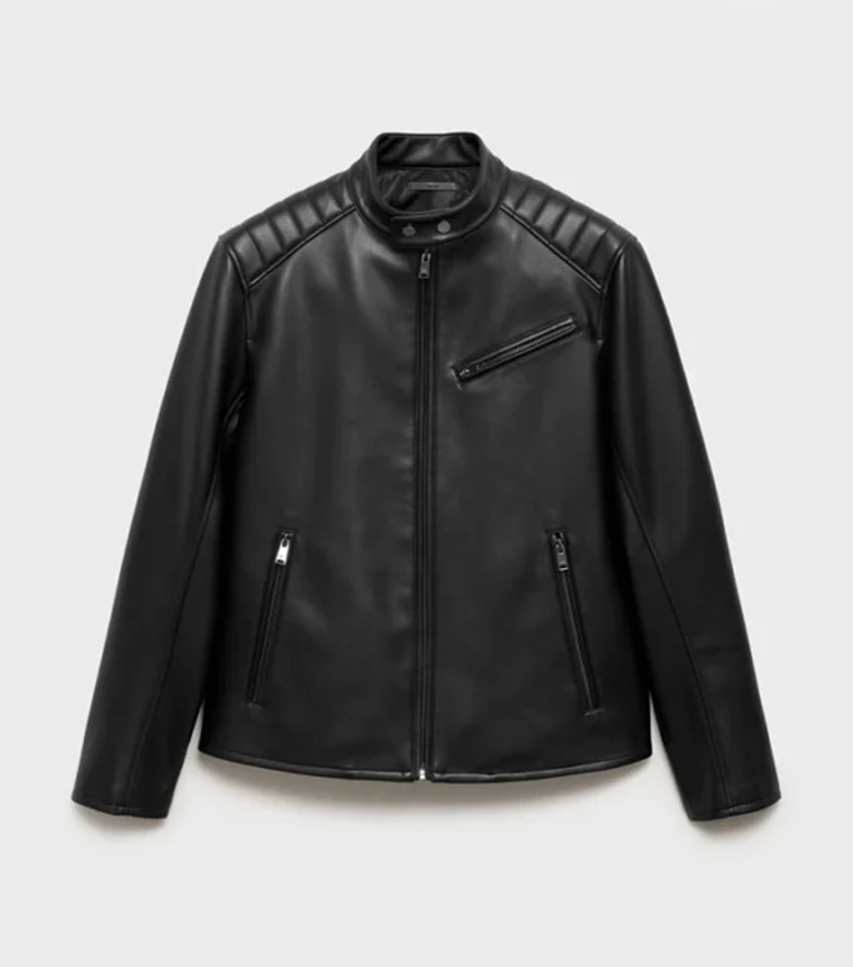 Onyx Black Cafe Racer Real Leather Zip-Up Jacket with Erect Collar