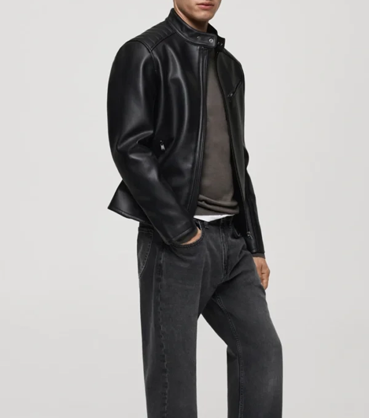 Onyx Black Cafe Racer Real Leather Zip-Up Jacket with Erect Collar - Image 4