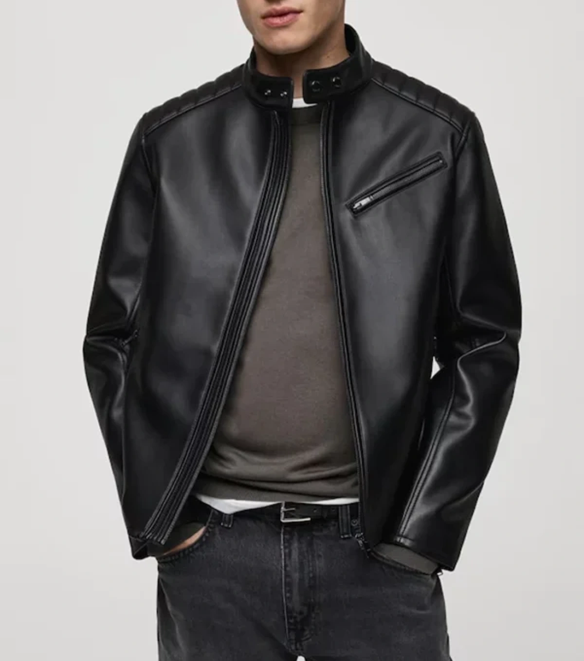 Onyx Black Cafe Racer Real Leather Zip-Up Jacket with Erect Collar - Image 2