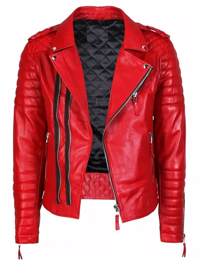 Classic Red Leather Motorcycle Outfit Zipper Style - Image 2