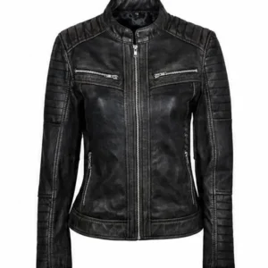 Vintage Women Distressed Biker Black Leather Coat