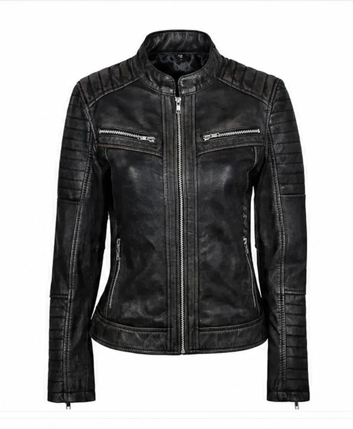 Vintage Women Distressed Biker Black Leather Coat